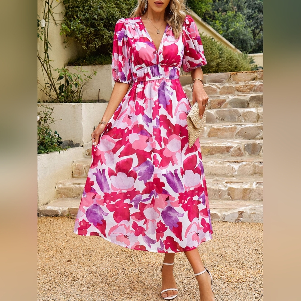 Floral Pink and Purple Women's Midi Dress